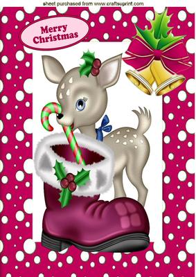 Little Deer in Pink Snow Frame with Bells A4
