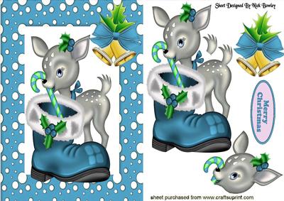Little Deer in Blue Snow Frame with Bells