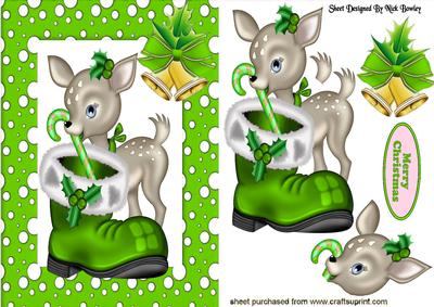 Little Deer in Green Snow Frame with Bells