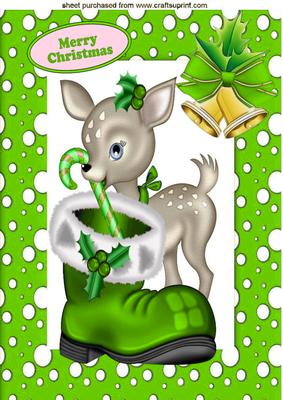 Little Deer in Green Snow Frame with Bells A4