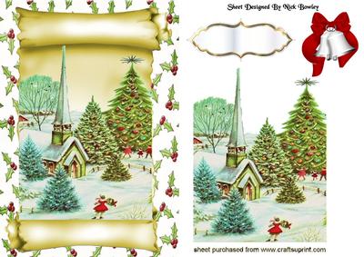 Pretty Church in the Snow on a Scroll