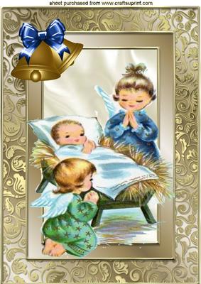Vintage Baby Jesus with Angels in Gold Ornate Frame A4