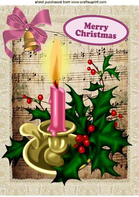Pink Candle, and Holly with Bell on Music Sheet A4