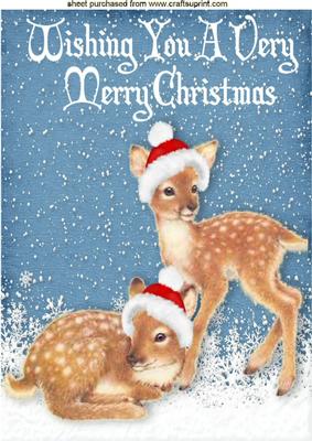 Cute Little Deers in the Snow in Santa Hats A4