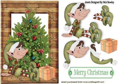 Elf with Christmas Tree in Wooden Frame
