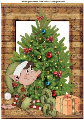 Elf with Christmas Tree in Wooden Frame A4