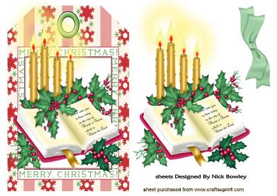 Gold Candles and Holly with Hymn Book on Tag