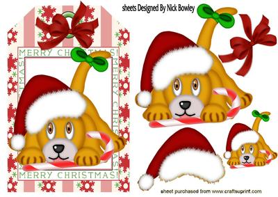 Little Puppy in Santa Hat on a Tag