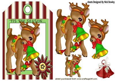 Little Reindeer with Bells on a Christmas Tag