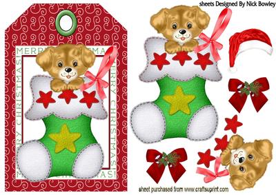 Little Puppy in Felt Stocking on a Tag