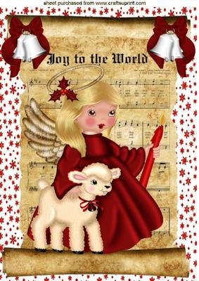 Joy to the World! Angel in Red with Lamb A4