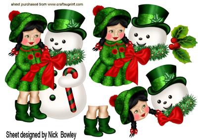 Little Girl in Green with Snowman A4
