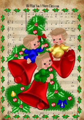 Little Cherubs Sitting on Bells with Carol Sheet A4