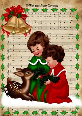 Vintage Girls with Little Deer in the Snow A4