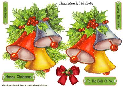Christmas Bells with Holly and Bow A4