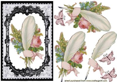 Beautiful Feather & Flowers in Pretty Lace Frame