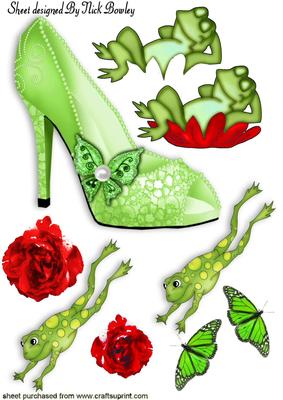 Green Sparkle Shoe with Frogs Red Flowers