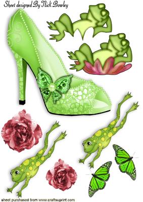 Green Sparkle Shoe with Frogs Pink Flowers