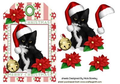 Little Black Kitty in Santa Hat on a Tag