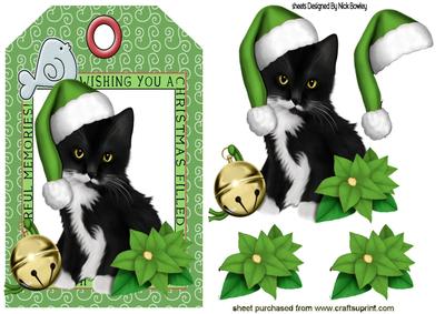 Little Black Kitty in Green Santa Hat on a Tag