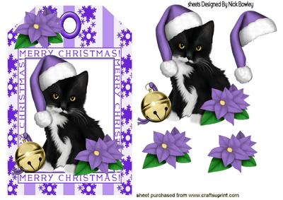 Little Black Kitty in Purple Santa Hat on a Tag