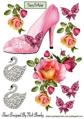 Pink Diamond Shoe with Diamante Swan and Roses