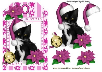 Little Black Kitty in Pink Santa Hat on a Tag