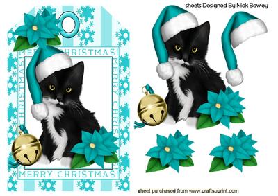 Little Black Kitty in Turq Santa Hat on a Tag