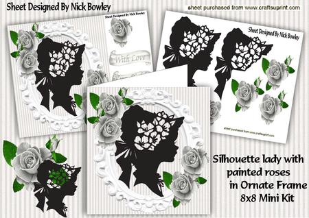 Pretty Silhouette Lady with Silver Painted Roses 8x8 Mini Ki