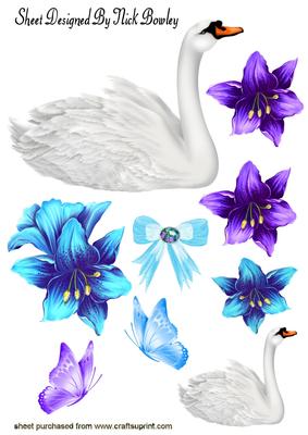 Pretty White Swans with Purple Fantasy Flowers