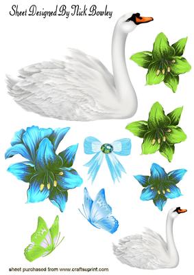 Pretty White Swans with Green Fantasy Flowers