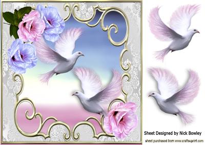 Pretty White Doves with Fantasy Flowers 8x8