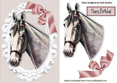 Pretty Grey Horse with Bow in Ornate Frame
