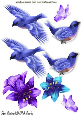 Pretty Blue Birds with Fantasy Flowers
