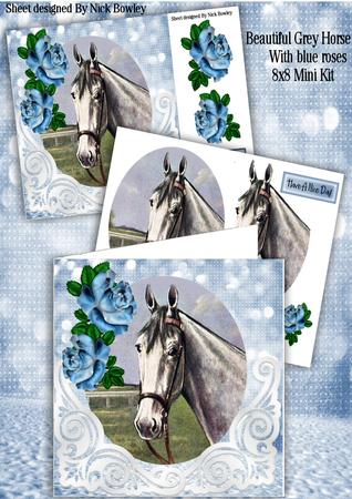 Beautiful Grey Horse with Blue Roses 8x8 Mini Kit