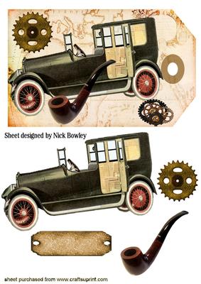 Vintage Car with Steampunk and Pipe on Tag