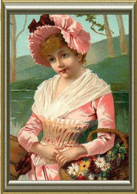 Pretty Vintage Lady in Pink with Flowers in Frame A4