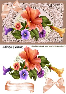 Petunias on Vintage Ecru Lace with Satin Bow