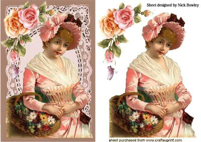 Flower Lady in Pink on Vintage Lace