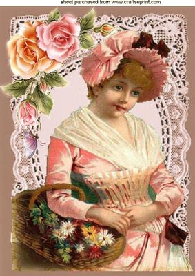 Flower Lady in Pink on Vintage Lace A4