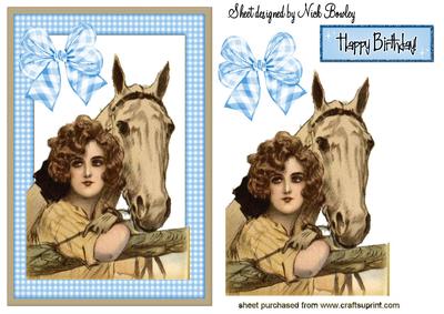 Vintage Lady with Horse in Gingham Frame