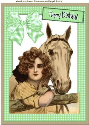 Vintage Horse in Green Gingham Frame A4