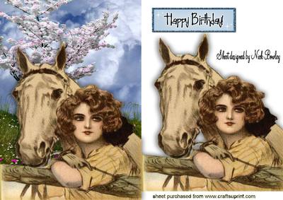 Vintage Girl with Horse with Blossoms