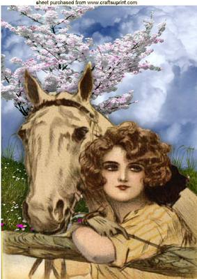 Vintage Girl with Horse with Blossoms A4