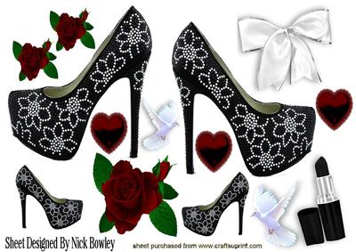 Black Sparkle Shoes with Doves and Hearts
