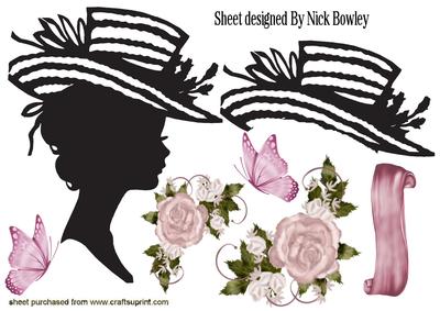 Lady in Silhouette with Pink Roses and Butterflies A4