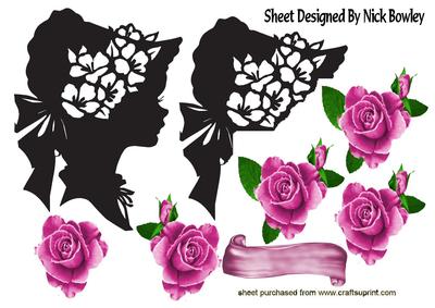 Silhouette Lady in Bonnet with Pink Roses A4