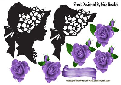 Silhouette Lady in Bonnet with Purple Roses A4