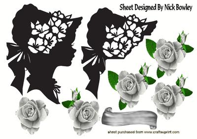 Silhouette Lady in Bonnet with Silver Roses A4
