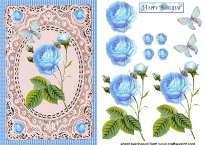 Beautiful Pale Blue Roses on Ecru Lace